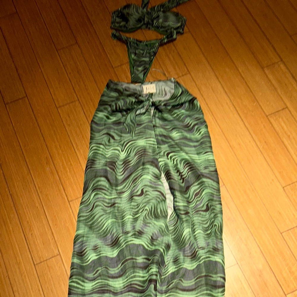 Cult Gaia Green and Black Swirl Pattern bikini and sarong.